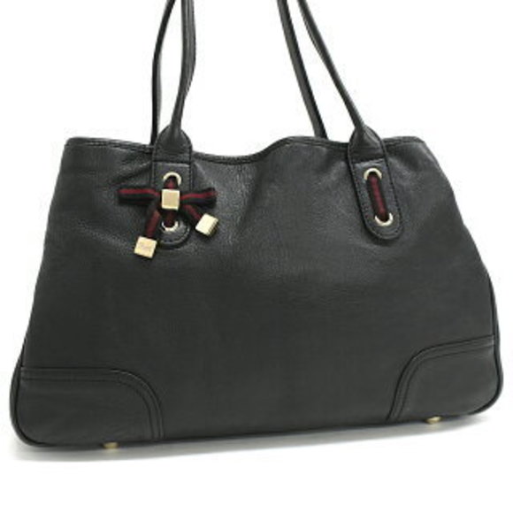 Gucci Princess Tote Bag Black Leather Web Stripe Sherry Ribbon - Picture 1 of 8